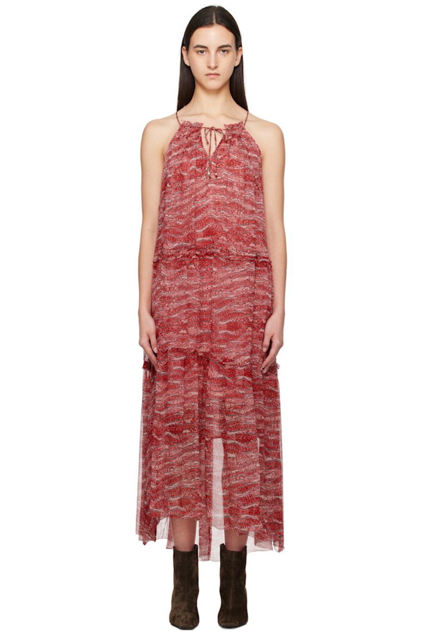 Lightweight semi-sheer viscose chiffon maxi dress. Gathering and graphic pattern printed throughout.

· Tiered construction
· Plunging V-neck
· Drawstring at elasticized waist
· Asymmetric raw hem
· Self-tie halter strap
· Full viscose gauze lining

Supplier color: Red