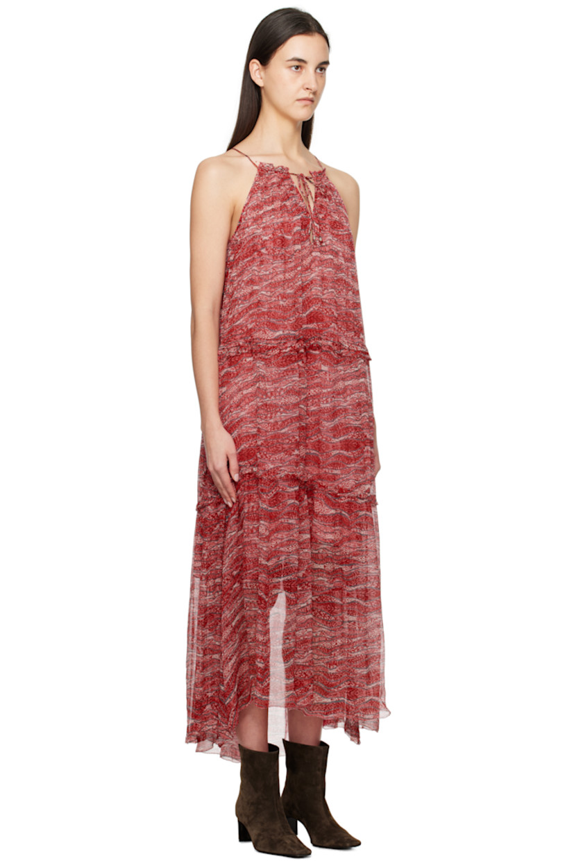 Lightweight semi-sheer viscose chiffon maxi dress. Gathering and graphic pattern printed throughout.

· Tiered construction
· Plunging V-neck
· Drawstring at elasticized waist
· Asymmetric raw hem
· Self-tie halter strap
· Full viscose gauze lining

Supplier color: Red