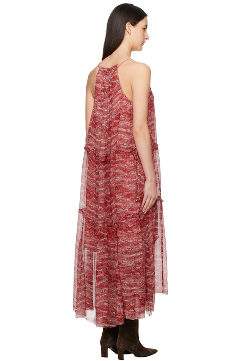 Lightweight semi-sheer viscose chiffon maxi dress. Gathering and graphic pattern printed throughout.

· Tiered construction
· Plunging V-neck
· Drawstring at elasticized waist
· Asymmetric raw hem
· Self-tie halter strap
· Full viscose gauze lining

Supplier color: Red