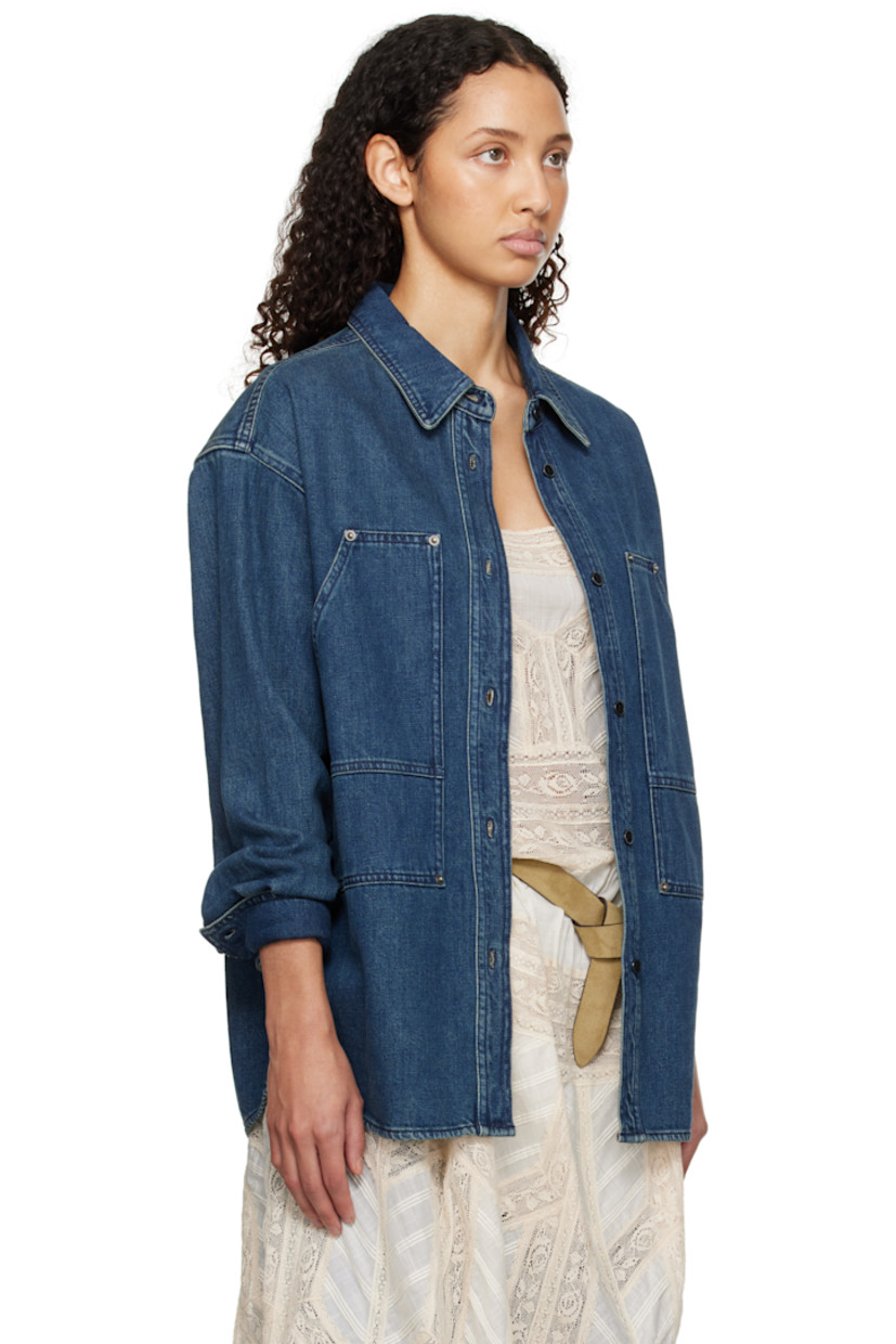 Non-stretch denim jacket.

· Spread collar
· Button closure
· Patch pockets
· Shirttail hem
· Two-button barrel cuffs
· Silver-tone hardware

Supplier color: Faded Blue