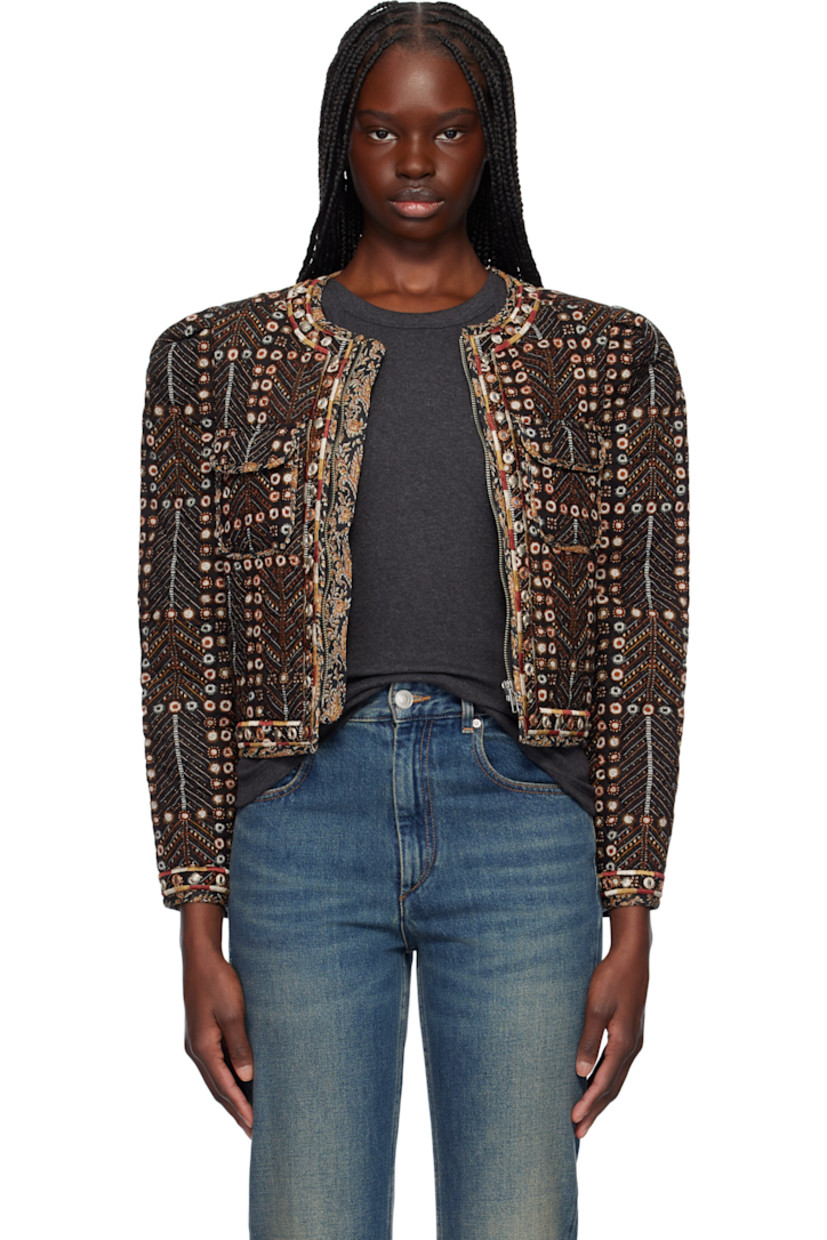 Padded and quilted plain-woven cotton jacket. Printed graphic pattern, embroidered trim, and embroidered mirror appliqués throughout.

· Round neck
· Zip closure
· Flap pockets
· Cropped hem
· Pleats at padded shoulders
· Fully lined

Supplier color: Faded black