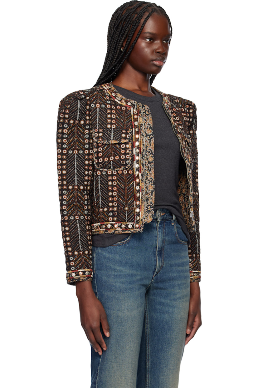 Padded and quilted plain-woven cotton jacket. Printed graphic pattern, embroidered trim, and embroidered mirror appliqués throughout.

· Round neck
· Zip closure
· Flap pockets
· Cropped hem
· Pleats at padded shoulders
· Fully lined

Supplier color: Faded black