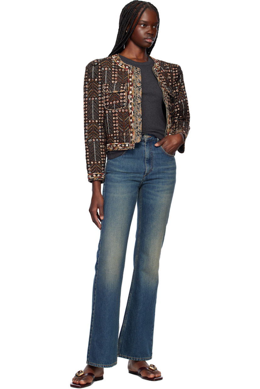 Padded and quilted plain-woven cotton jacket. Printed graphic pattern, embroidered trim, and embroidered mirror appliqués throughout.

· Round neck
· Zip closure
· Flap pockets
· Cropped hem
· Pleats at padded shoulders
· Fully lined

Supplier color: Faded black