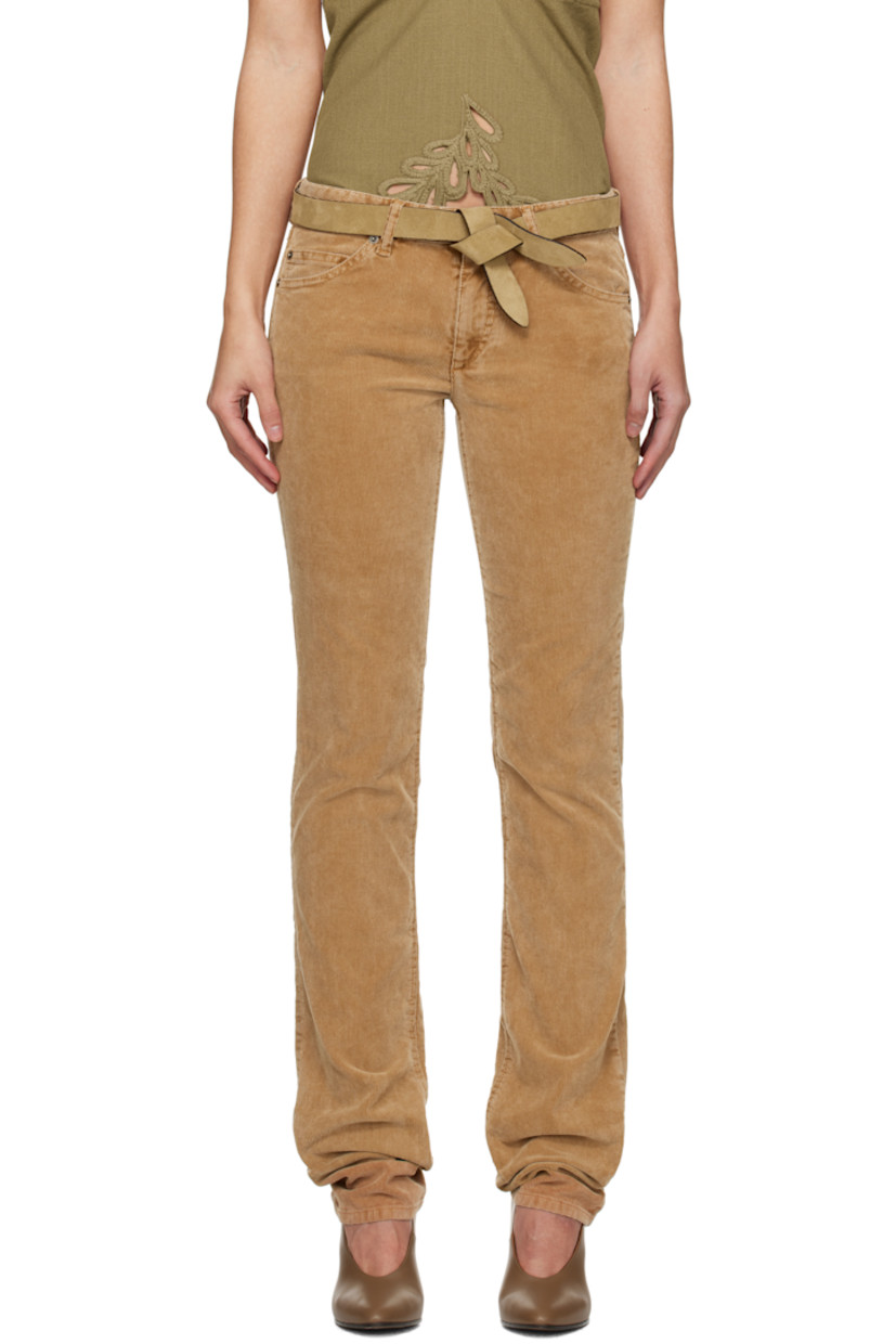Straight-leg stretch cotton corduroy trousers. 

· Belt loops
· Five-pocket styling
· Zip-fly
· Asymmetric panels at legs
· Hammer loop at outseam
· Leather logo patch at back waistband

Supplier color: Camel