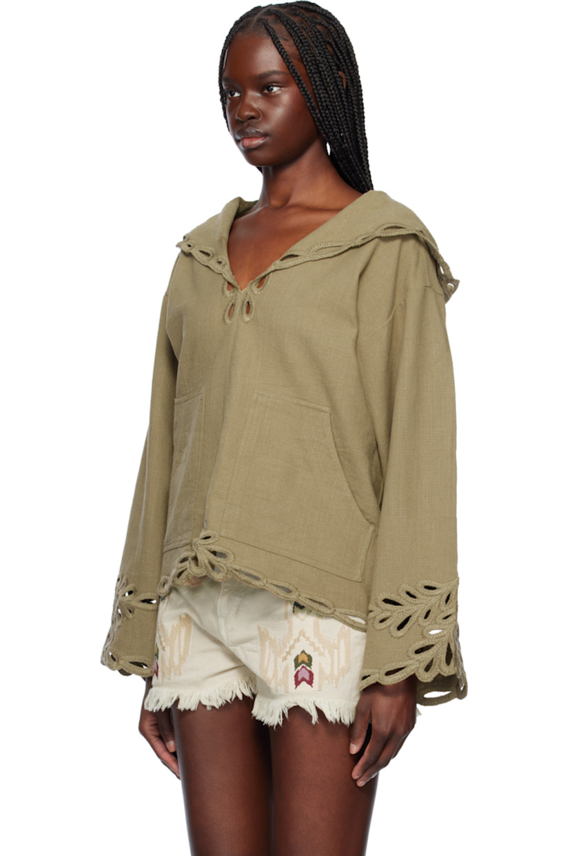 Loose-fit cotton hopsack shirt. 

· Embroidered cutouts at hood, hem, and cuffs
· Plunging V-neck
· Patch pockets
· Dropped shoulders
· Flared cuffs

Supplier color: Khaki