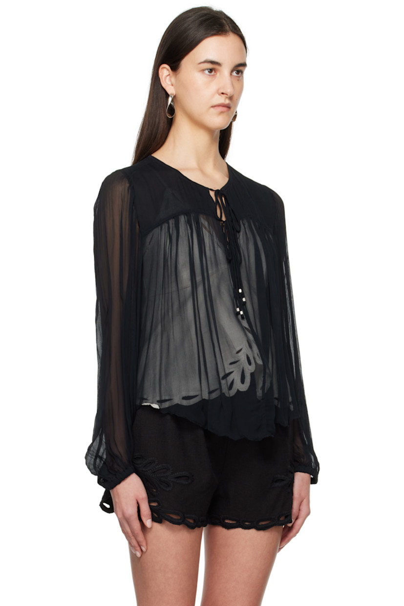 Lightweight semi-sheer viscose gauze blouse. Gathering throughout.

· Round neck
· Self-tie fastening at chest
· Raw edge at curved hem
· Elasticized cuffs

Supplier color: Faded black