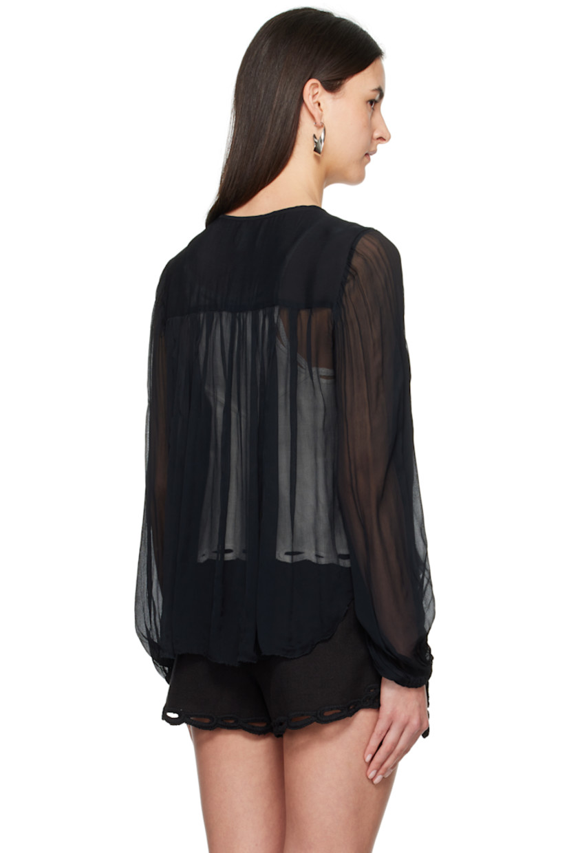Lightweight semi-sheer viscose gauze blouse. Gathering throughout.

· Round neck
· Self-tie fastening at chest
· Raw edge at curved hem
· Elasticized cuffs

Supplier color: Faded black