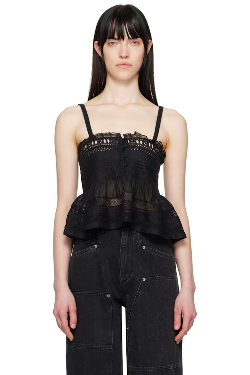 Cotton poplin tank top. Lace trim and embroidered detailing throughout.

· Square neck
· Four-button placket
· Peplum hem
· Fixed shoulder straps
· Low back

Supplier color: Black