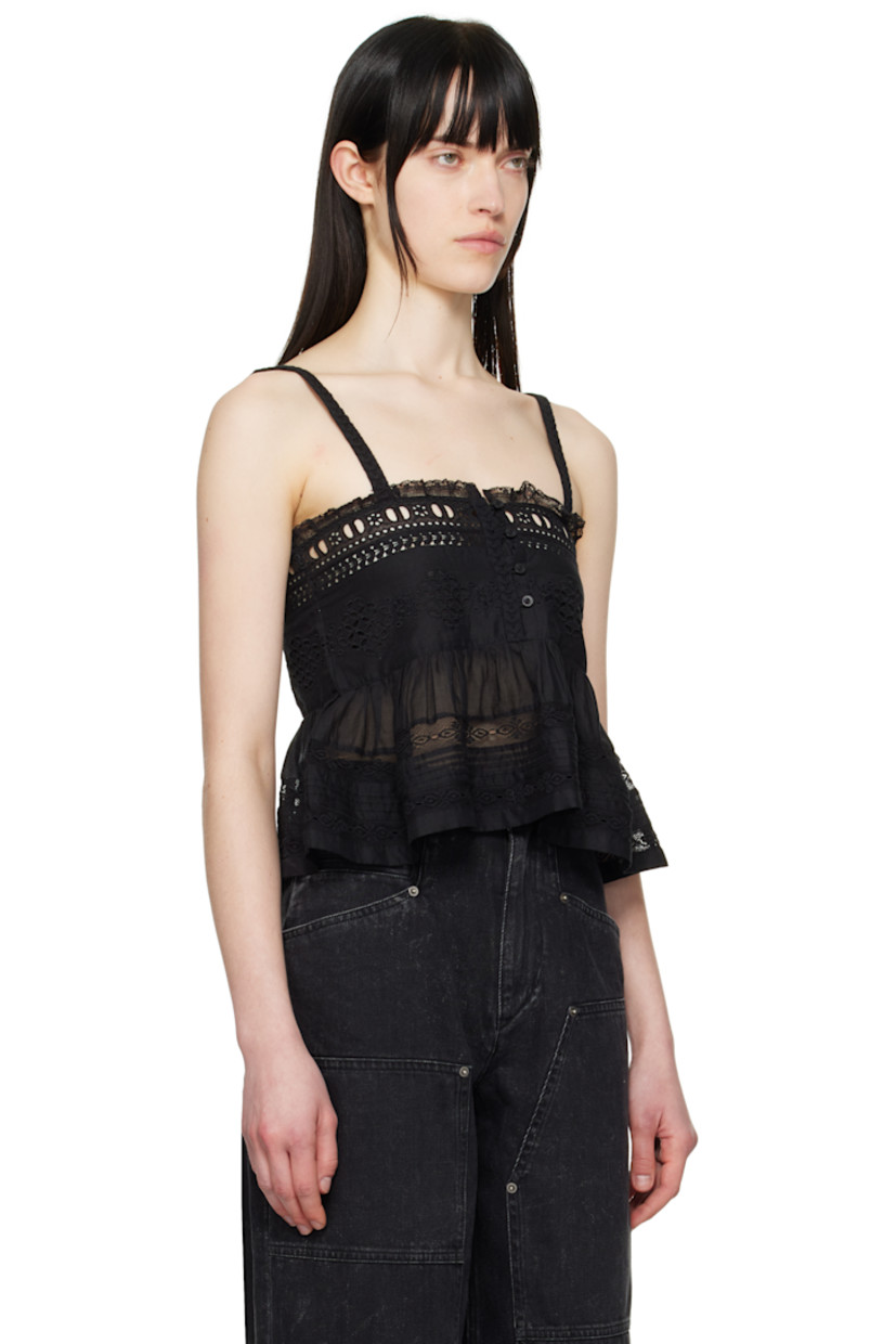 Cotton poplin tank top. Lace trim and embroidered detailing throughout.

· Square neck
· Four-button placket
· Peplum hem
· Fixed shoulder straps
· Low back

Supplier color: Black