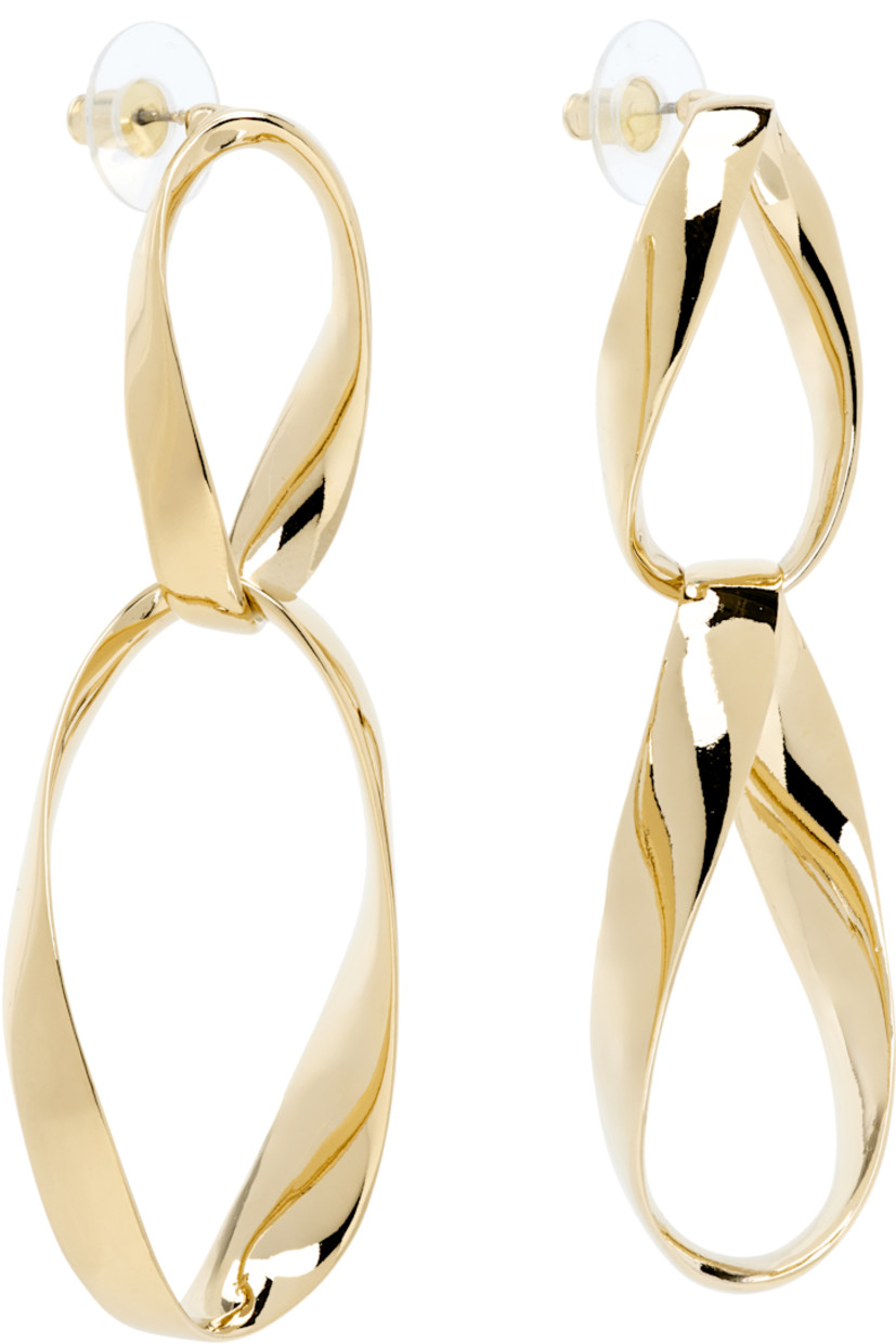 Pair of drop earrings in gold-tone brass. Twisted detailing throughout.

· Post-stud fastening
· H3" x W1"

Supplier color: Gold
