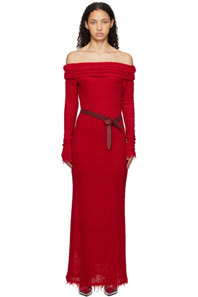 Viscose-blend bouclé maxi dress. 

· Off-the-shoulder construction
· Frayed edge at hem and cuffs
· Zip closure at side seam
· Partial viscose lining

Supplier color: Red