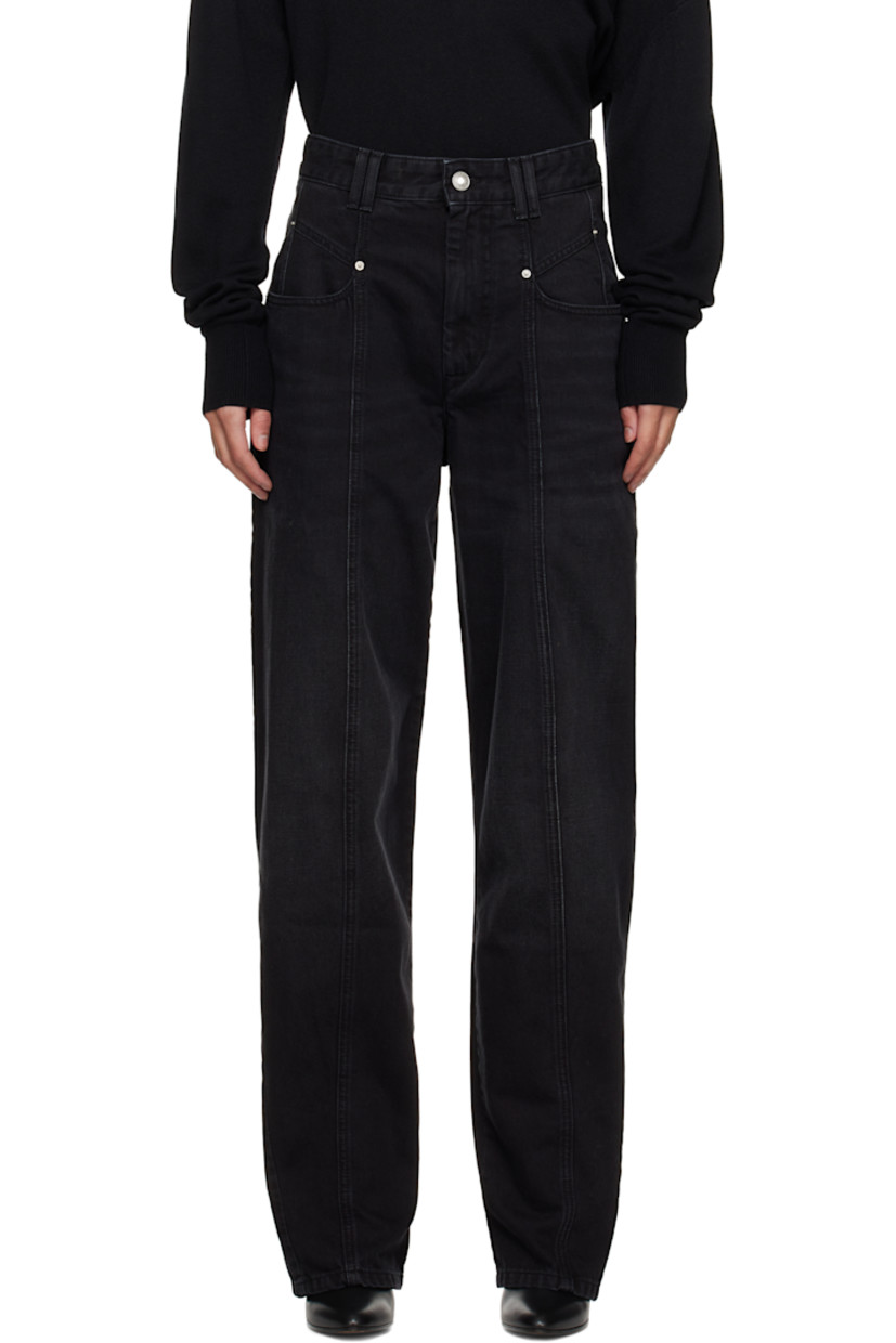 Non-stretch denim jeans. Whiskering throughout.

· Paneled construction
· High rise
· Belt loops
· Four-pocket styling
· Zip-fly
· Leather logo patch at back waistband
· Silver-tone hardware

Supplier color: Black
