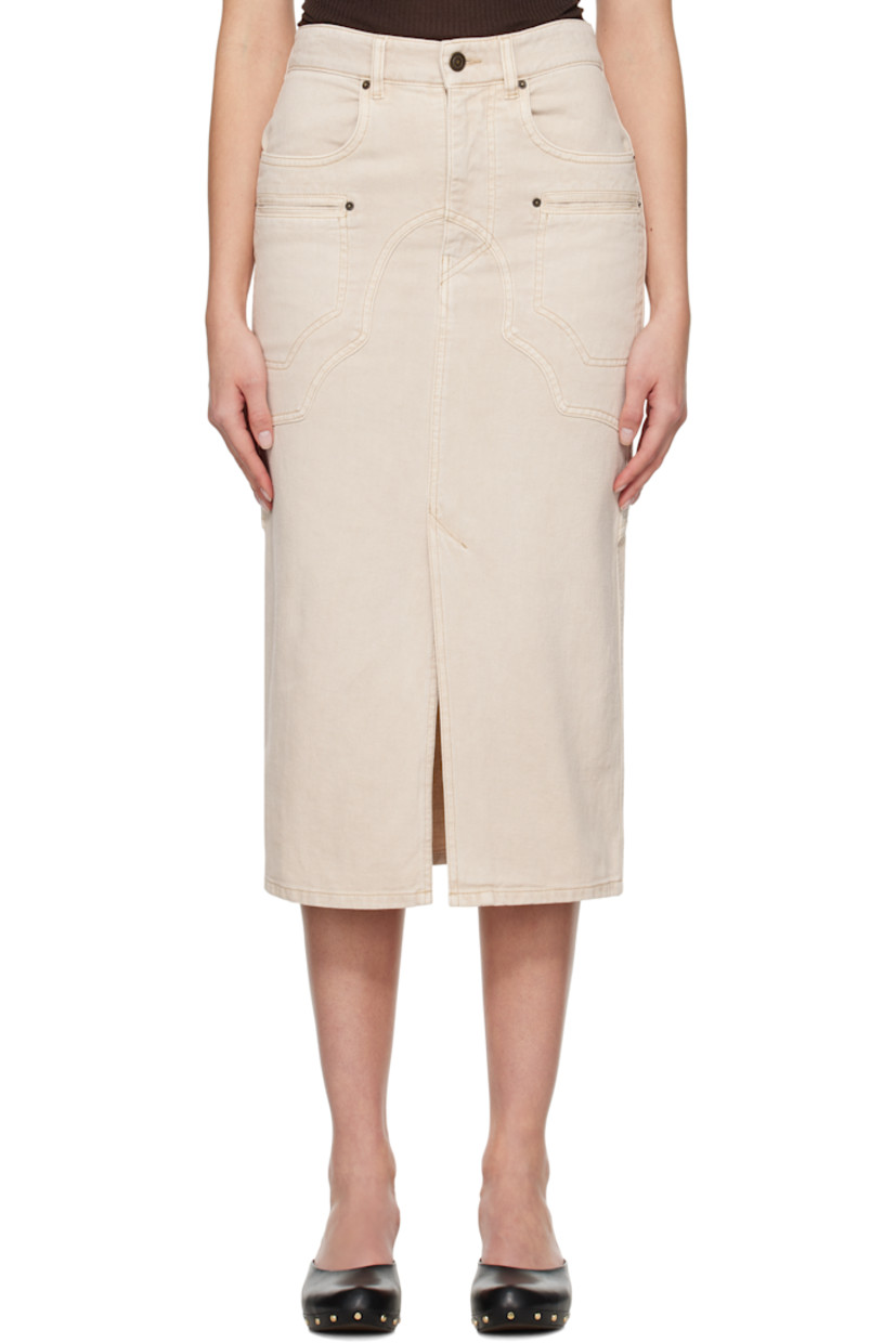 Non-stretch cotton- and hemp-blend denim midi skirt.

· Paneled construction
· Belt loops
· Six-pocket styling
· Zip-fly
· Central vent at front hem
· Leather logo patch at back waistband
· Logo-engraved bronze-tone hardware

Supplier color: Ecru