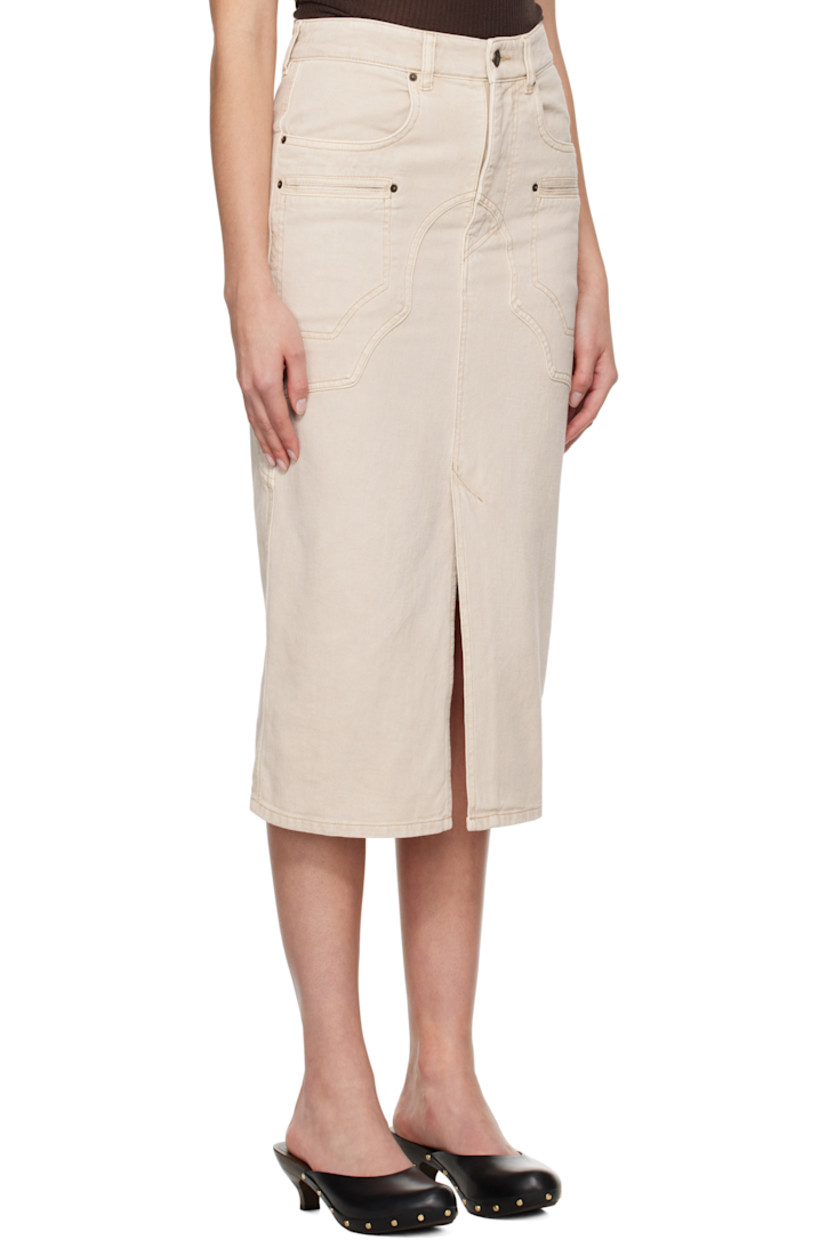 Non-stretch cotton- and hemp-blend denim midi skirt.

· Paneled construction
· Belt loops
· Six-pocket styling
· Zip-fly
· Central vent at front hem
· Leather logo patch at back waistband
· Logo-engraved bronze-tone hardware

Supplier color: Ecru
