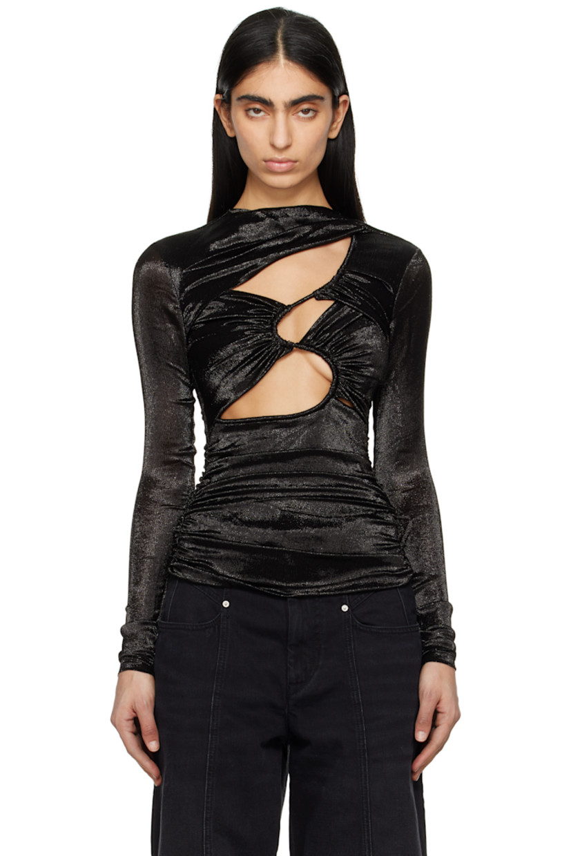 Stretch silk-blend bouclé top. Metallic thread detailing throughout.

· Round neck
· Cutouts at front
· Gathering at front and shoulder
· Ruching at side seams
· Zip closure at back
· Partial stretch satin lining

Supplier color: Black