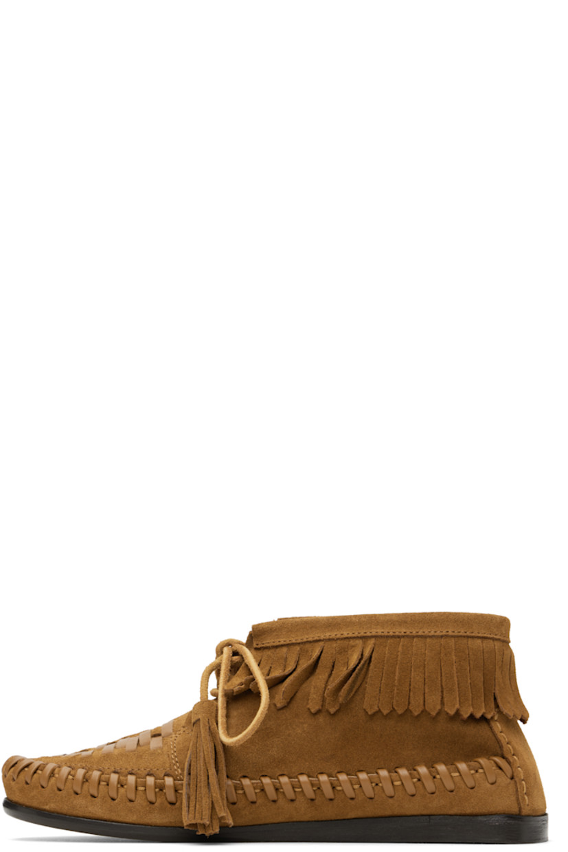 Ankle-high suede boots in brown.

· Moc toe
· Leather whipstitching at vamp and welt
· Lace-up closure with tassels 
· Fringed trim at collar
· Grained calfskin and suede lining
· Polished leather sole with rubber injection

Supplier color: Cognac