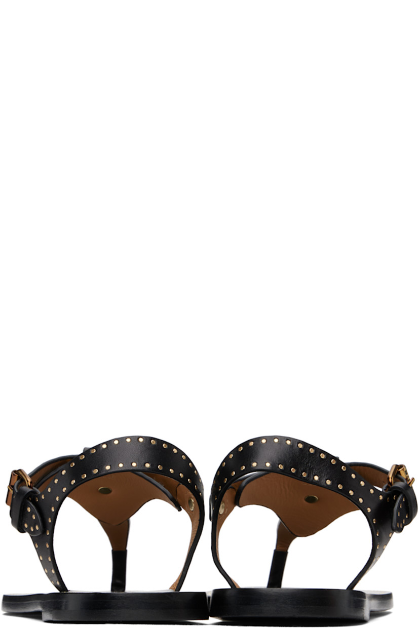 Buffed leather flat sandals in black.

· Rivets throughout
· Open toe
· Thong-style strap 
· Pin-buckle ankle strap
· Logo embossed at leather footbed
· Stacked leather heel with rubber injection
· Leather sole
· Logo-engraved gold-tone hardware

Supplier color: Black