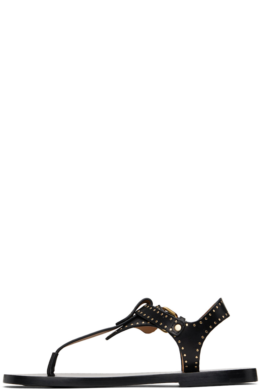 Buffed leather flat sandals in black.

· Rivets throughout
· Open toe
· Thong-style strap 
· Pin-buckle ankle strap
· Logo embossed at leather footbed
· Stacked leather heel with rubber injection
· Leather sole
· Logo-engraved gold-tone hardware

Supplier color: Black