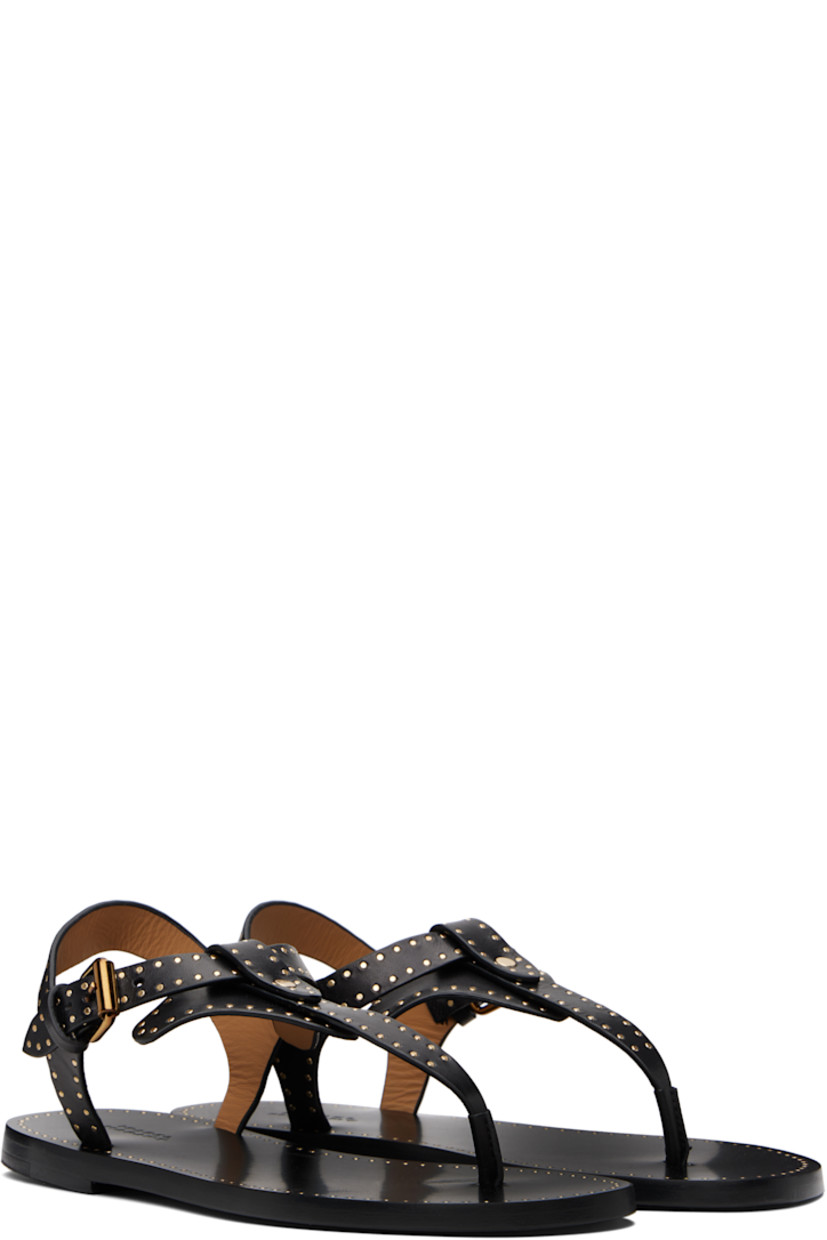 Buffed leather flat sandals in black.

· Rivets throughout
· Open toe
· Thong-style strap 
· Pin-buckle ankle strap
· Logo embossed at leather footbed
· Stacked leather heel with rubber injection
· Leather sole
· Logo-engraved gold-tone hardware

Supplier color: Black