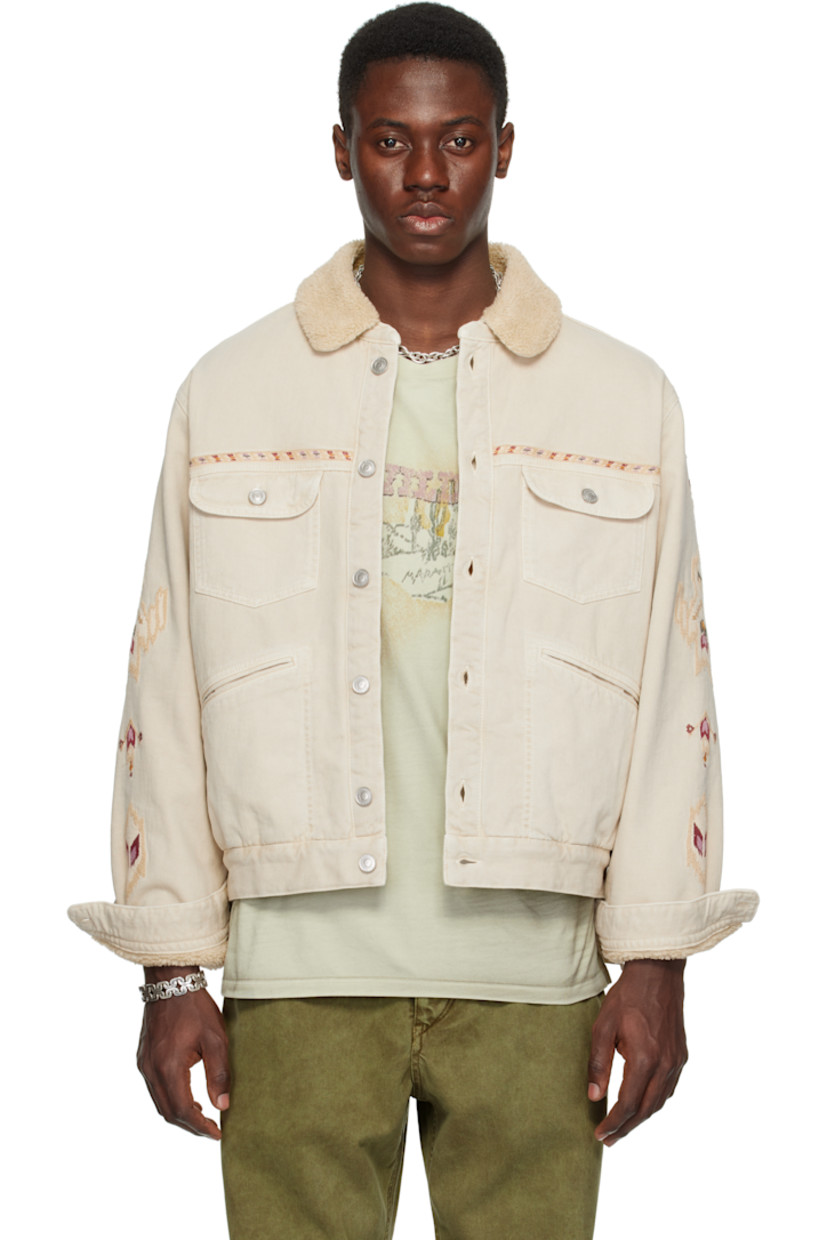 Non-stretch organic cotton- and hemp-blend denim jacket. Embroidered graphics throughout.

· Sherpa trim at spread collar
· Button closure
· Flap and welt pockets
· Single-button barrel cuffs
· Logo patch and adjustable button tabs at back hem
· Welt pocket at interior
· Full faux-shearling lining
· Logo-engraved silver-tone hardware

Supplier color: Ecru