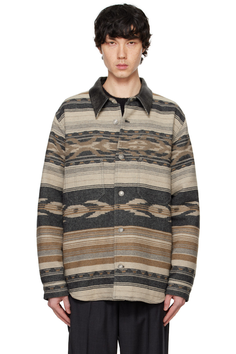Insulated wool-blend flannel jacket. Jacquard graphic pattern throughout.

· Faux-leather spread collar
· Button closure
· Patch pockets
· Shirttail hem
· Dropped shoulders
· Pleated single-button barrel cuffs
· Full quilted satin lining
· Logo-engraved oxidized silver-tone hardware

Supplier color: Black