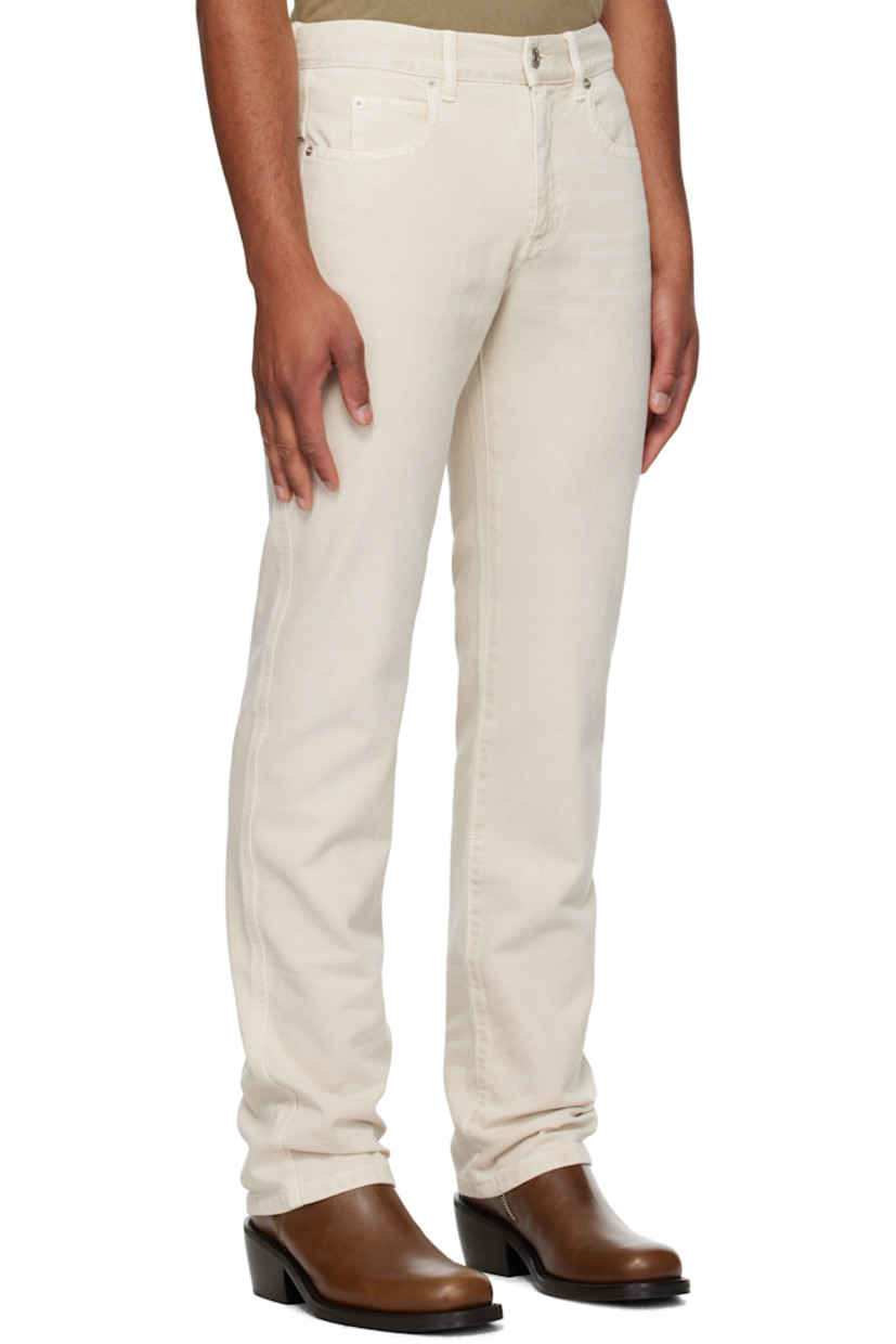 Non-stretch denim jeans.

· Belt loops
· Five-pocket styling
· Zip-fly
· Leather logo patch at back
· Logo-engraved silver-tone hardware
· Contrast stitching in tan

Supplier color: Off-white