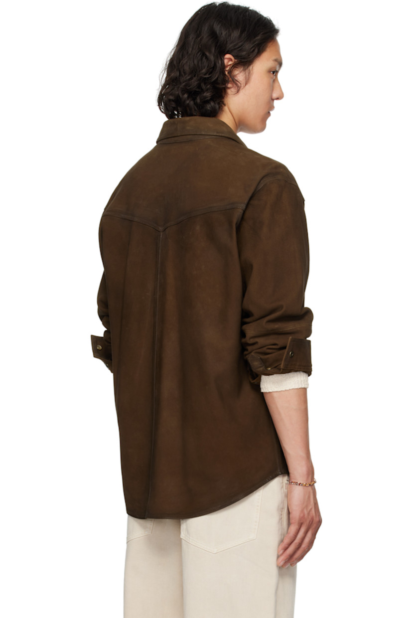 Goatskin suede shirt. Fading throughout. 

· Spread collar
· Press-stud closure
· Patch pockets
· Shirttail hem
· Buttoned barrel cuffs

Supplier color: Brown