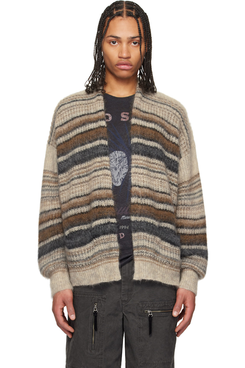 Brushed knit mohair-blend cardigan. Intarsia stripes throughout.

· V-neck
· Patch pockets
· Rib-knit hem and cuffs

Supplier color: Camel