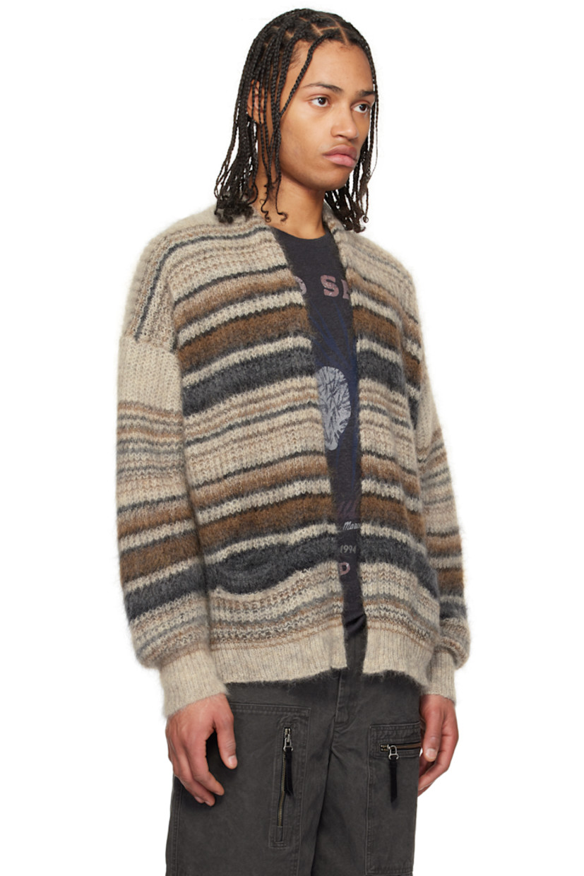 Brushed knit mohair-blend cardigan. Intarsia stripes throughout.

· V-neck
· Patch pockets
· Rib-knit hem and cuffs

Supplier color: Camel