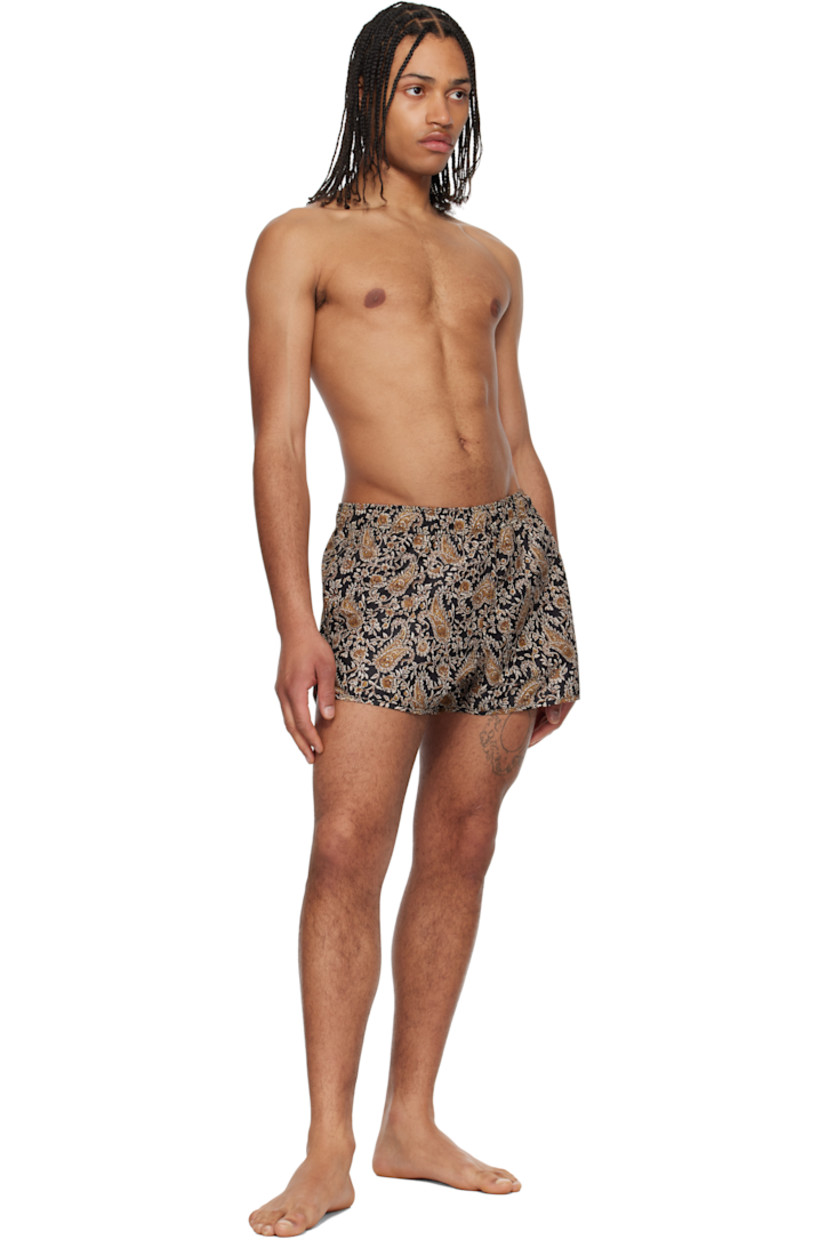 Recycled polyester taffeta swim shorts. Paisley pattern printed throughout.

· Concealed drawstring at elasticized waistband
· Two-pocket styling
· Vented cuffs
· Nylon mesh briefs-style lining

Supplier color: Bkoc/Black/Ochre