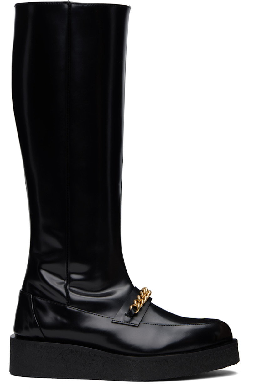 Calf-high box calfskin boots in black.

· Almond moc toe
· Gold-tone curb chain hardware at vamp
· Zip closure at inner side
· Crêpe-rubber platform sole
· Platform: H1.75"

Supplier color: Black leather