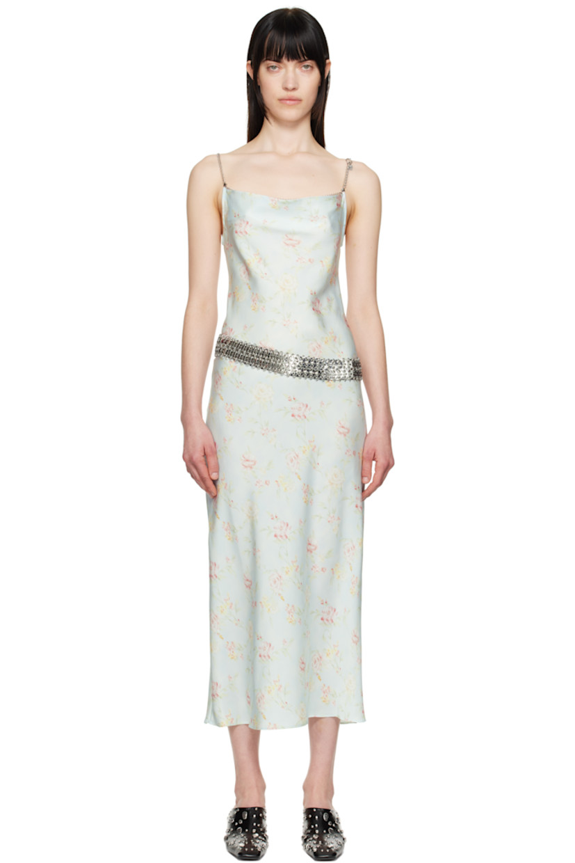 Polyester satin midi dress. Floral pattern printed throughout.

· Cowl neck
· Detachable chain-link spaghetti straps

Supplier color: Water flower