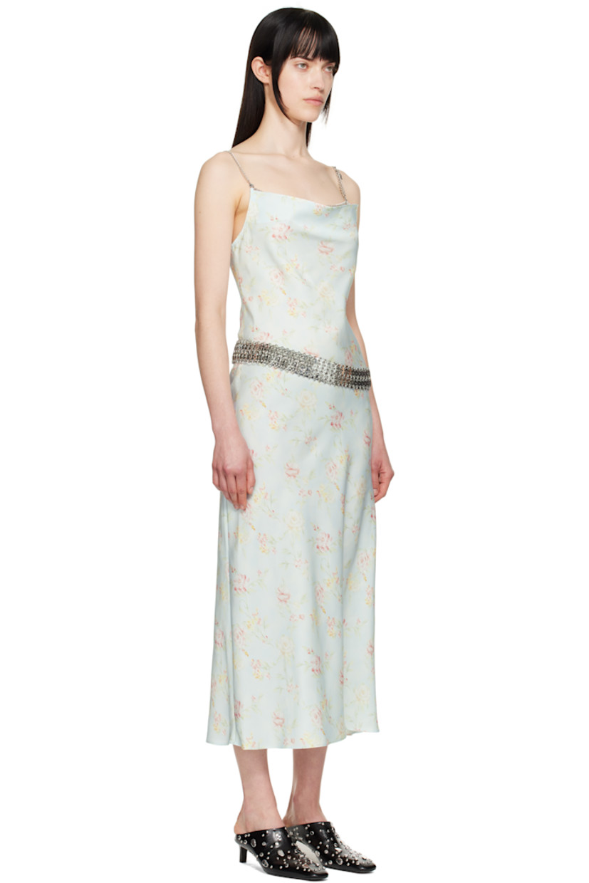 Polyester satin midi dress. Floral pattern printed throughout.

· Cowl neck
· Detachable chain-link spaghetti straps

Supplier color: Water flower