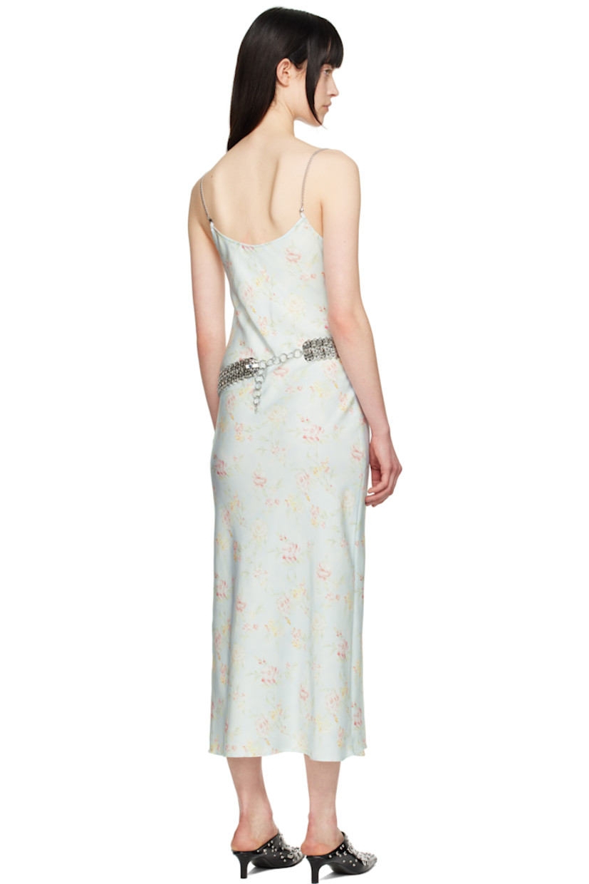 Polyester satin midi dress. Floral pattern printed throughout.

· Cowl neck
· Detachable chain-link spaghetti straps

Supplier color: Water flower