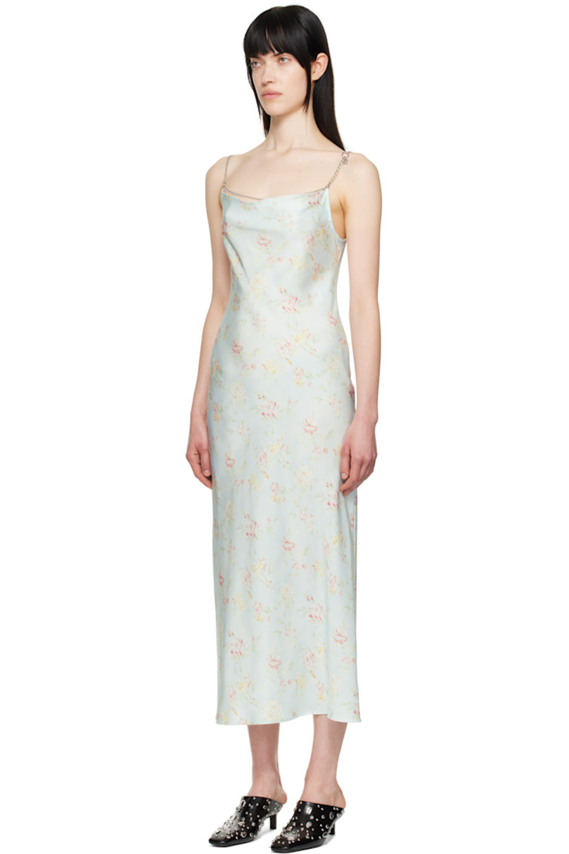 Polyester satin midi dress. Floral pattern printed throughout.

· Cowl neck
· Detachable chain-link spaghetti straps

Supplier color: Water flower
