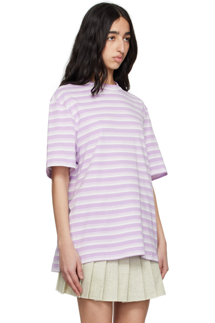 Cotton jersey T-shirt. Stripes throughout. 

· Rib-knit crewneck
· Logo hardware at front hem and back collar
· Vented side seams
· Dropped shoulders

Supplier color: White and lilac striped