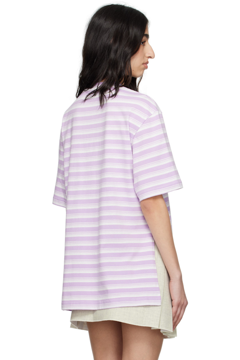 Cotton jersey T-shirt. Stripes throughout. 

· Rib-knit crewneck
· Logo hardware at front hem and back collar
· Vented side seams
· Dropped shoulders

Supplier color: White and lilac striped