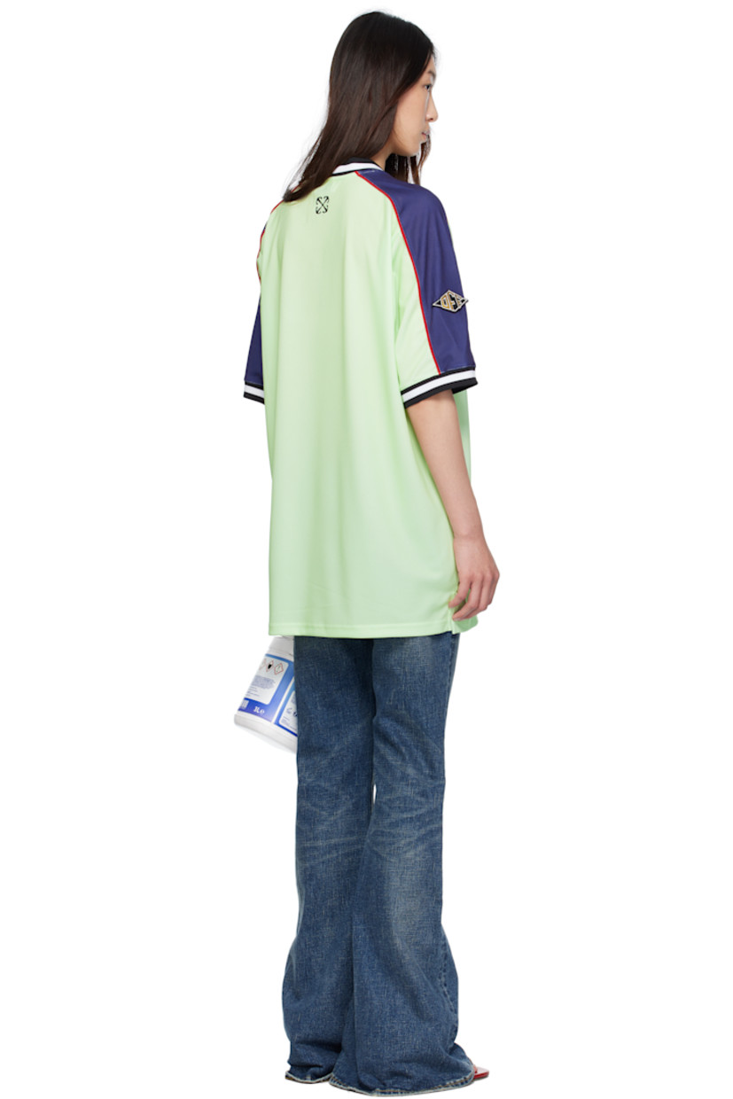 Polyester mesh minidress.

· Striped rib-knit V-neck and cuffs
· Graphic embroidered at chest
· Printed logo graphics and bonded logo at front
· Vented side seams
· Stripe appliqué and piping at sleeves
· Embroidered logo patch at sleeve
· Logo embroidered at back collar

Supplier color: Lime cream/Aurora