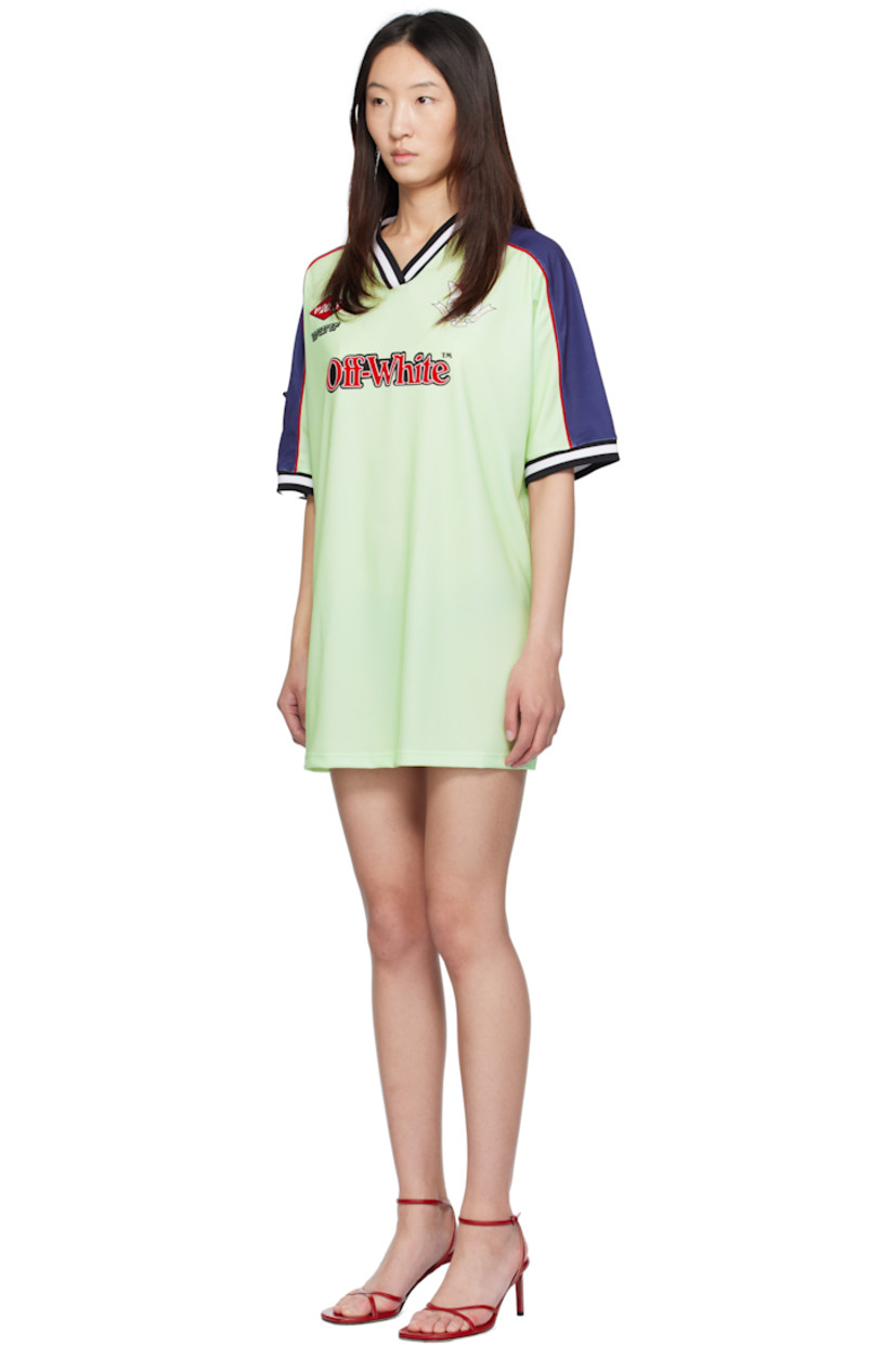 Polyester mesh minidress.

· Striped rib-knit V-neck and cuffs
· Graphic embroidered at chest
· Printed logo graphics and bonded logo at front
· Vented side seams
· Stripe appliqué and piping at sleeves
· Embroidered logo patch at sleeve
· Logo embroidered at back collar

Supplier color: Lime cream/Aurora