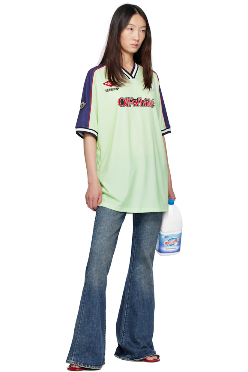 Polyester mesh minidress.

· Striped rib-knit V-neck and cuffs
· Graphic embroidered at chest
· Printed logo graphics and bonded logo at front
· Vented side seams
· Stripe appliqué and piping at sleeves
· Embroidered logo patch at sleeve
· Logo embroidered at back collar

Supplier color: Lime cream/Aurora