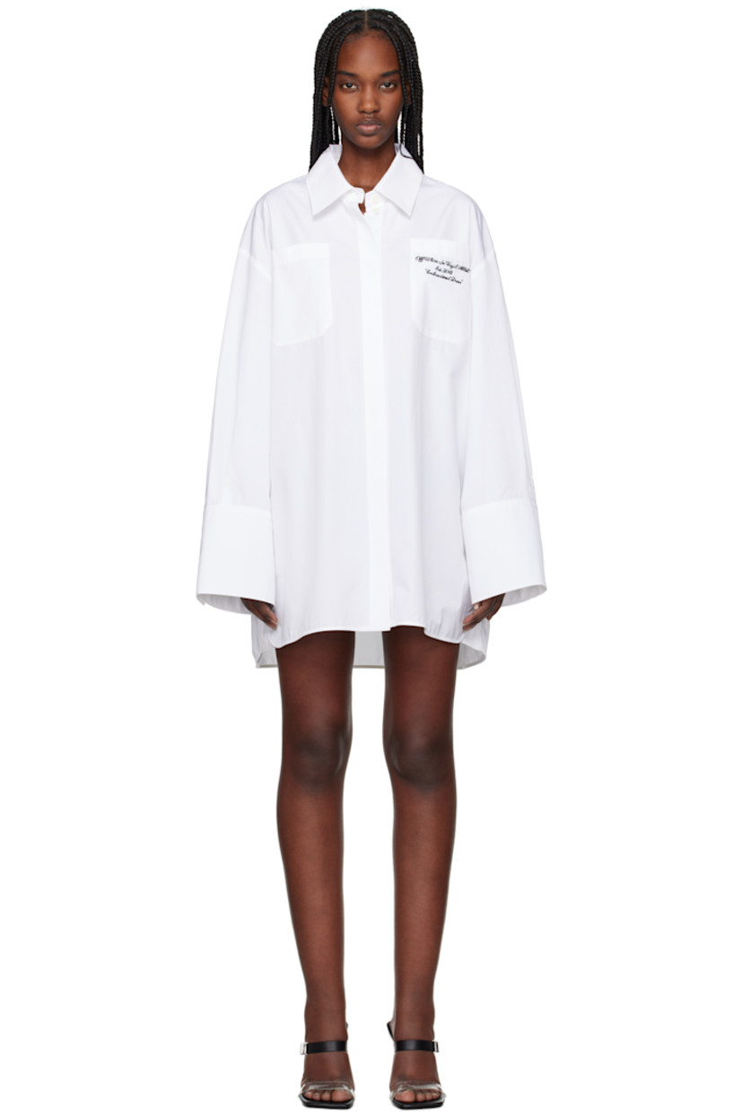 Cotton poplin shirt-style minidress. 

· Spread collar
· Button closure
· Logo and text embroidered at patch pocket
· Shirttail hem
· Logo flag at side seam
· Dropped shoulders
· Pleated single-button barrel cuffs

Supplier color: White/Black
