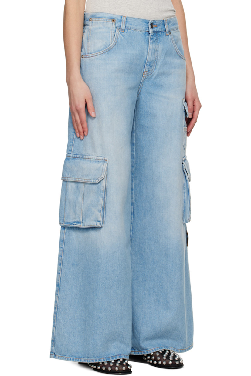 Wide-leg non-stretch denim jeans. Fading and whiskering throughout.

· Belt loops
· Five-pocket styling
· Button fly
· Logo hardware at front
· Cargo pockets
· Leather logo flag at outseam
· Leather logo patch at back waistband
· Logo-engraved silver-tone hardware
· Contrast stitching in tan

Supplier color: Light blue