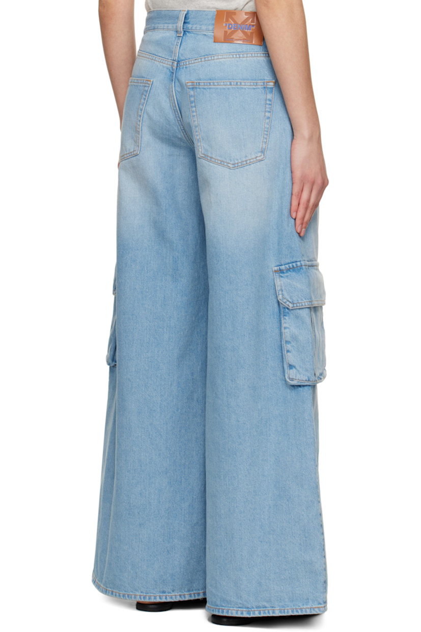 Wide-leg non-stretch denim jeans. Fading and whiskering throughout.

· Belt loops
· Five-pocket styling
· Button fly
· Logo hardware at front
· Cargo pockets
· Leather logo flag at outseam
· Leather logo patch at back waistband
· Logo-engraved silver-tone hardware
· Contrast stitching in tan

Supplier color: Light blue