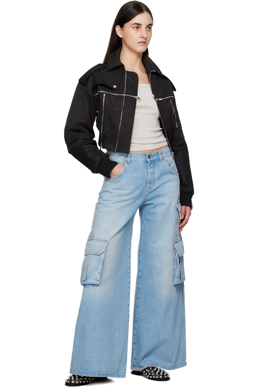 Wide-leg non-stretch denim jeans. Fading and whiskering throughout.

· Belt loops
· Five-pocket styling
· Button fly
· Logo hardware at front
· Cargo pockets
· Leather logo flag at outseam
�· Leather logo patch at back waistband
· Logo-engraved silver-tone hardware
· Contrast stitching in tan

Supplier color: Light blue