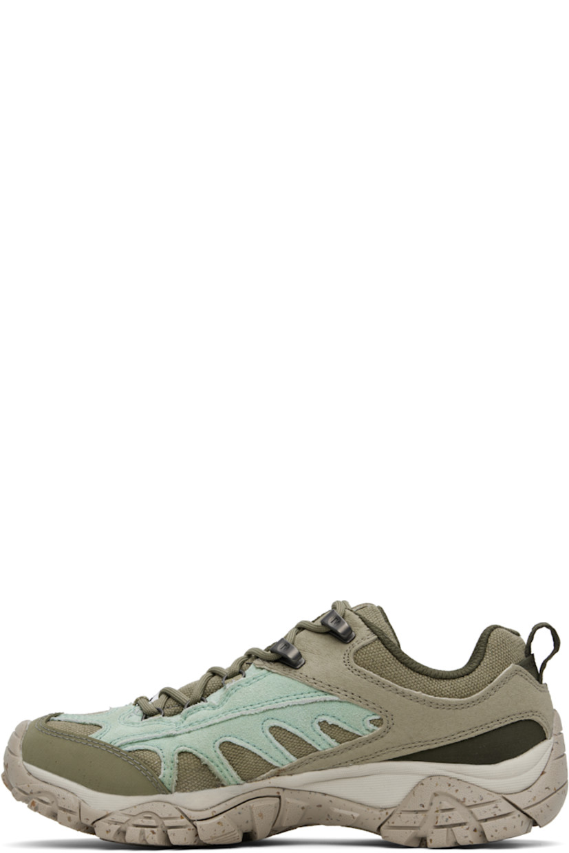 Low-top suede and canvas sneakers in green and blue.

· Cleansport NXT™-treated odor control
· Lace-up closure
· Logo appliqué at padded tongue
· Padded collar
· Logo embossed at outer side
· Pull-loop at heel 
· Mesh lining
· Merrell Air Cushion at heel
· Treaded Vibram® Ecostep rubber sole

Supplier color: Drab/Sage