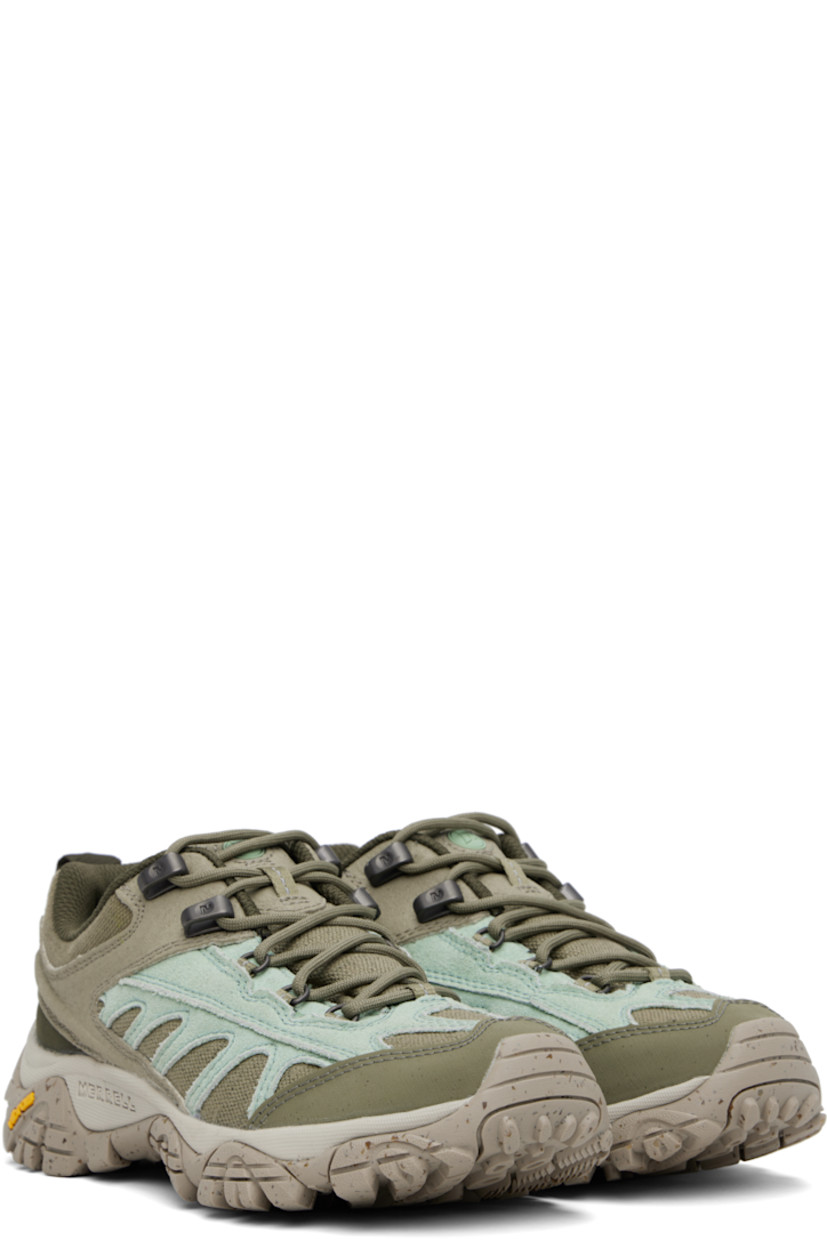 Low-top suede and canvas sneakers in green and blue.

· Cleansport NXT™-treated odor control
· Lace-up closure
· Logo appliqué at padded tongue
· Padded collar
· Logo embossed at outer side
· Pull-loop at heel 
· Mesh lining
· Merrell Air Cushion at heel
· Treaded Vibram® Ecostep rubber sole

Supplier color: Drab/Sage