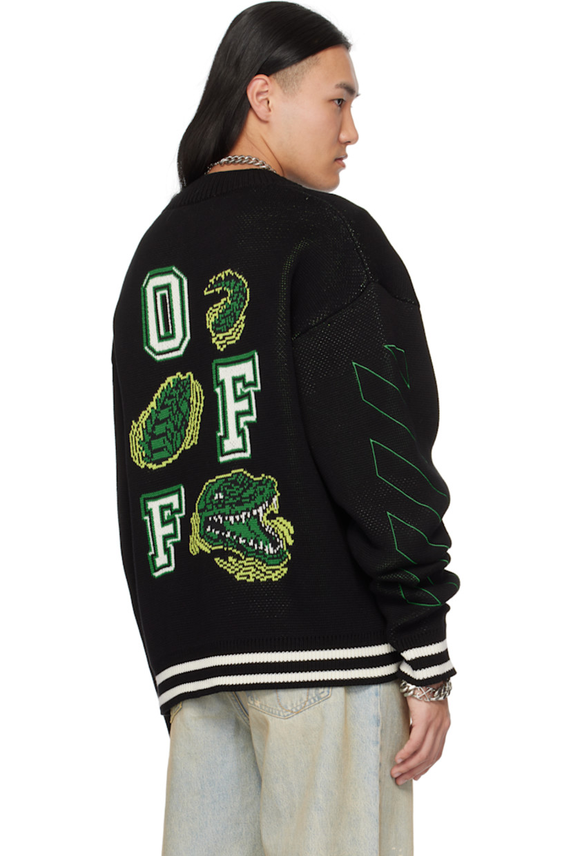 Knit cotton-blend cardigan. 

· Rib-knit Y-neck
· Button closure
· Graphic appliqués and embroidered text at chest
· Jacquard logo and graphics at front, back and sleeve
· Welt pockets
· Jacquard stripes at rib-knit hem and cuffs
· Dropped shoulders
· Logo graphics embroidered at sleeve

Supplier color: Black