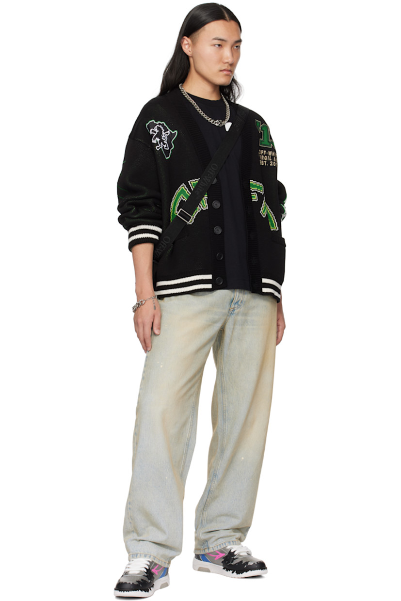Knit cotton-blend cardigan. 

· Rib-knit Y-neck
· Button closure
· Graphic appliqués and embroidered text at chest
· Jacquard logo and graphics at front, back and sleeve
· Welt pockets
· Jacquard stripes at rib-knit hem and cuffs
· Dropped shoulders
· Logo graphics embroidered at sleeve

Supplier color: Black