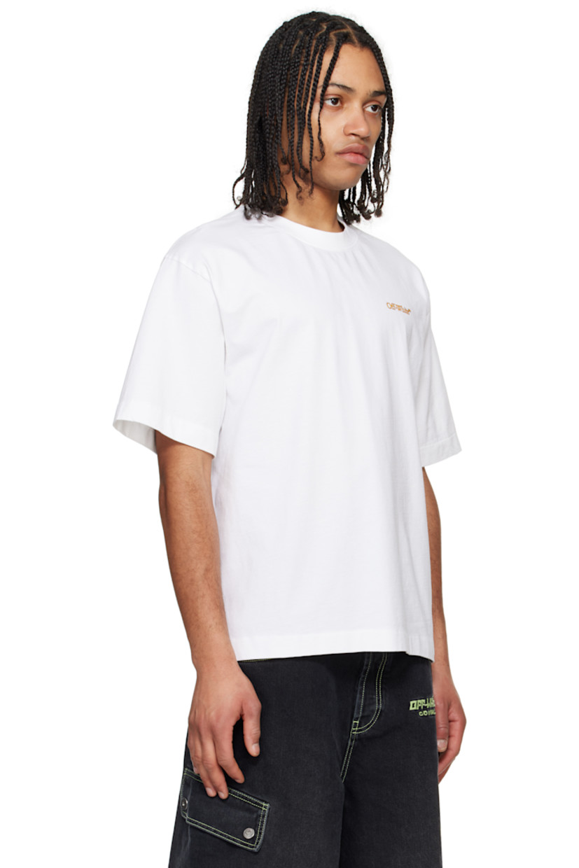 Cotton jersey T-shirt.

· Rib-knit crewneck
· Logo printed at chest
· Vented side seams
· Dropped shoulders
· Logo graphic printed at back

Supplier color: White