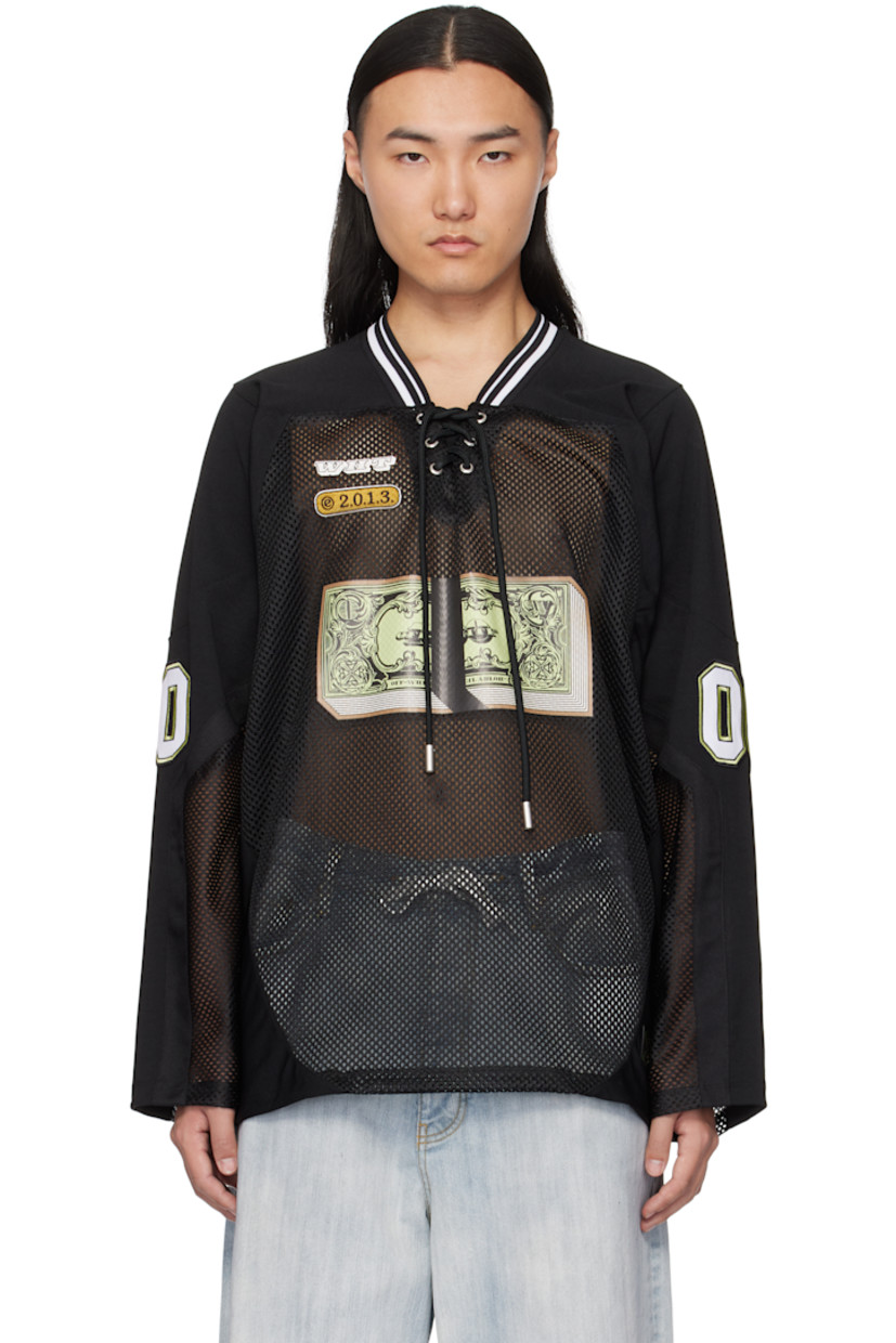 Polyester mesh and jersey T-shirt. 

· Jacquard stripes at rib-knit V-neck
· Lace-up closure at collar
· Logo graphics printed at front
· Logo graphic appliqués at front and sleeves
· Logo patches at front hem
· Vented side seams
· Logo embroidered at back collar

Supplier color: Black/Lime